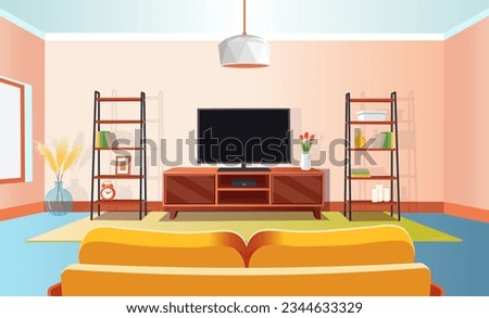  Interior with sofa and TV.
Living room with TV and shelves
Living room interior in boho. Wooden TV stand, shelves with decorations. Vector cartoon style.