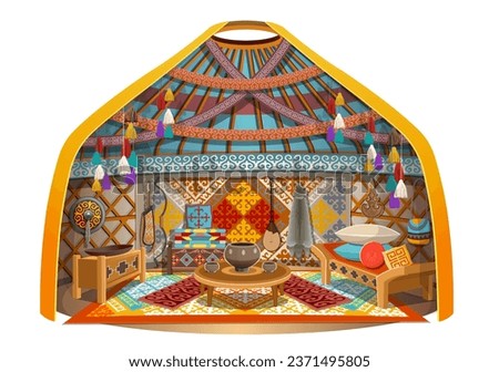 Interior of a traditional Kazakh yurt house inside, aul. Interior of a yurt with a bed, table, wardrobe, wash basin, dombra, wolf skin. Cozy interior in cartoon style.