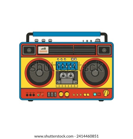 Retro cassette player. Boombox of 90s style. Vector. Nostalgia for the 90s. Vector illustration on white. Front faced. Cartoon style. Linear retro style