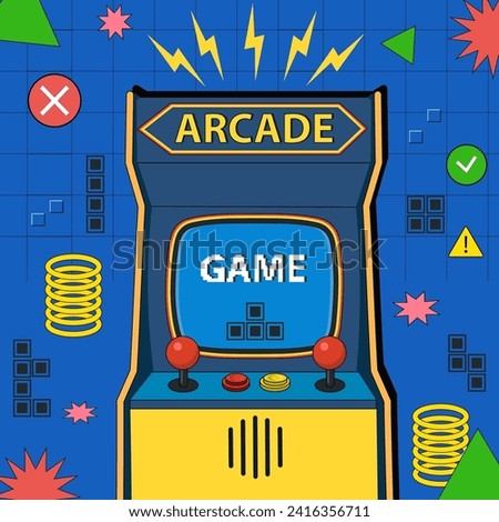 Retro poster with an old Arcade game machine in 80s style. Retro 80s 90s console. Nostalgia for retro game. Play device. Vector illustration Front faced. Cartoon style. Linear retro style