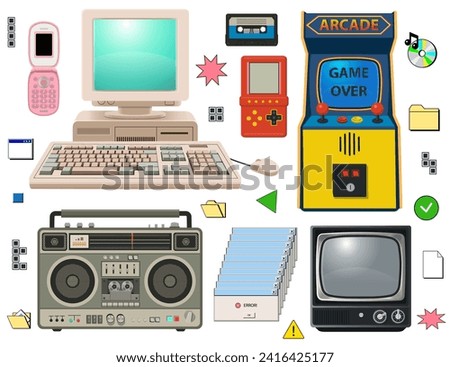 Set of 90s 00s retro devices. Vintage TV, computer, arcade game console, telephone, games. Nostalgia for 1990s. 