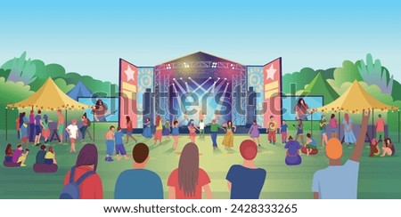 Open air music festival by day. Music Stages, vector illustration of a crowd of fans waving their arms, dancing, shooting video on their phone. Bright illustration, hand draw, objects grouped