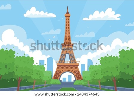 Eiffel Tower in capital of France. Tourism trip. Eiffel tower with trees. Cartoon flat style.