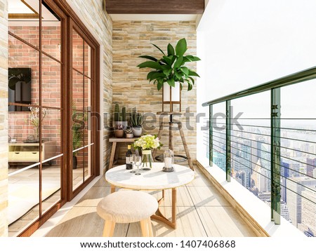 3D rendering,The outer balcony of the city's high-rise housing, with green plants on the balcony, the table is placed outside and is comfortably illuminated by the sun.