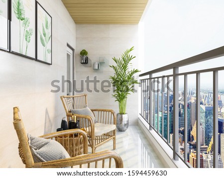 3D rendering,On the sunny open balcony, there are leisure tables, chairs and green