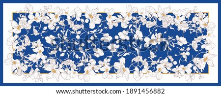 Silk scarf with apple blossom. Abstract seamless vector pattern with hand drawn floral elements. Trend colorful silk scarf with flowers. Size 180x70. Yellow, blue and white