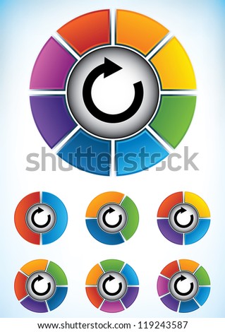 Set of seven wheel diagrams with different colors and numbers of divisions or components with a central directional flow arrow to be used as a business presentation template