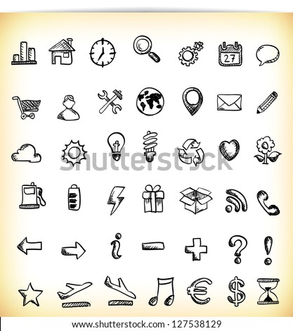 Set of 42 hand-drawn icon in different themes, like work, business, ecology, time and symbols