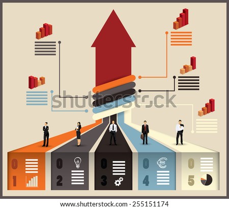 Business team flow chart infographic with various businesspeople and executives combining their skills and expertise on a project leading to an upward pointing arrow, vector illustration with graphs