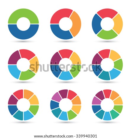 Collection of circular diagrams with 2, 3, 4, 5, 6, 7, 8, 9 and 10 segments