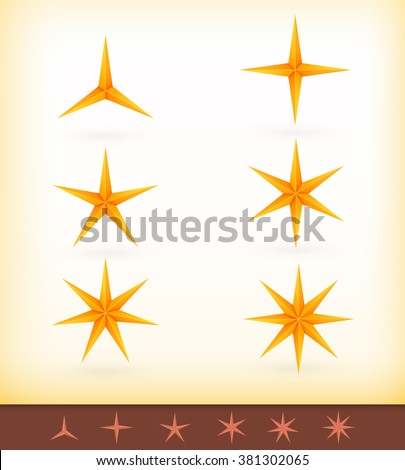 Collection of vector golden stars with 3, 4, 5, 6, 7 and 8 pointed edges