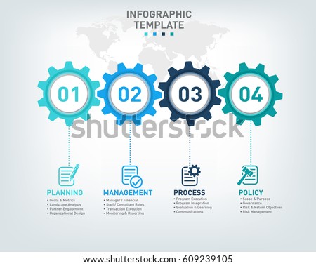 Vector infographic template with gears, icons and 4 options withing cogs and a world map background