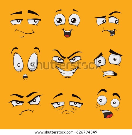 Set of funny cartoon faces with different emotions, like angry, scared happy or glad