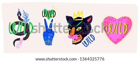 Abstract neon wild panther with crown, pink heart, snake and blue hand. Hand drawn trendy illustration. Set of four colorful logos. Perfect for textile prints. All elements are isolated