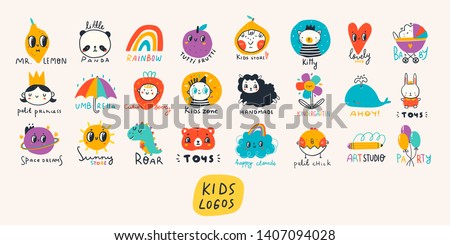 Various simple, doodle, cute,  minimalistic icons for kids. Hand drawn pre- made logos. Big vector set. Children's drawings style. Design elements. Cartoon style. Flat design. Everything is isolated