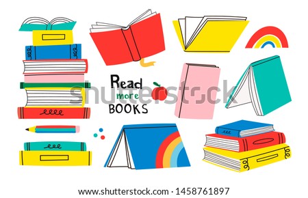 Read more books. Set for book lovers. Various books, stack of books, notebooks. Hand drawn educational vector illustration. Flat design. Cartoon style. Everything is isolated Foto stock © 