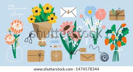 Flower bouquets, kraft paper, envelopes, boxes, ribbons, and other decor elements. Flat design. Paper cut style. Hand drawn trendy vector set. Pastel colors. All elements are isolated