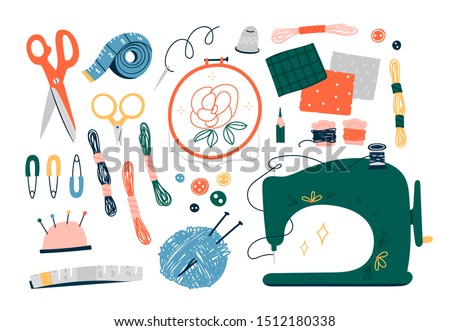 Needlework concept. Various sewing tools. Needles, scissors, yarn, sewing machine, buttons, spools, threads etc. Hand drawn colored vector set. Cartoon style, flat design. All elements are isolated