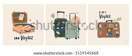 Bon voyage! Luggage bags, suitcases, baggage, travel bags. Vacation, holiday. Set of three hand drawn vector trendy illustrations. Cartoon style. Flat design. Greeting cards