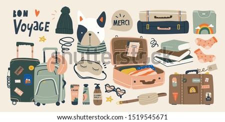 Travel stuff. Various luggage bags, suitcases, cosmetics, clothes. Vacation, holiday. Hand drawn vector set. Colorful trendy illustration. Cartoon style. Flat design. All elements are isolated