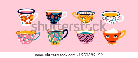 Set of various cups with tea or coffee. Side view. Different ornaments. Flowers, berries, etc Hand drawn colored trendy vector illustration. Cartoon style. Flat design. Isolated on a pink background