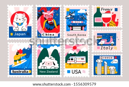 Japan, China, Korea, USA, Italy, France, Greece, Netherlands. Postage mail stamps. Various famous countries of the world with popular stuff. Hand drawn colored vector set. Modern trendy illustration