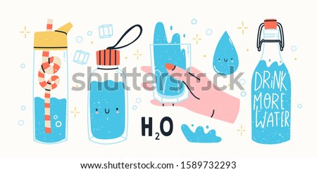 Drink more water. Glass only. Plastic free, zero waste concept. Various bottles, glass, flask. Hand drawn cute trendy vector illustartion. All elements are isolated