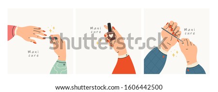 Female manicured hands. Lady painting, polishing nails. Nail brush, nail polish, nail file. Spa treatment beauty concept. Set of three Hand drawn colored trendy vector illustrations