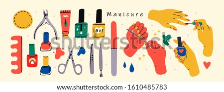 Female hands and Various manicure accessories, equipment, tools. Nail scissors, nail file, tweezers, nail polish, hand cream, polish remover, brush etc. Hand drawn big colored vector set