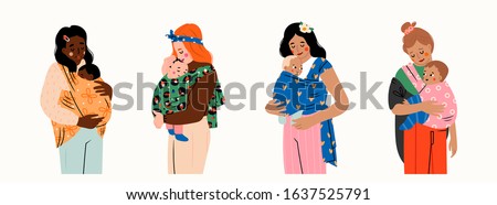 Set of four Ladies carrying their kids. Newborn Baby child in Sling feeling love and protection from his mother. Family, lifestyle concept. Happy Mother's Day. Hand drawn vector illustration