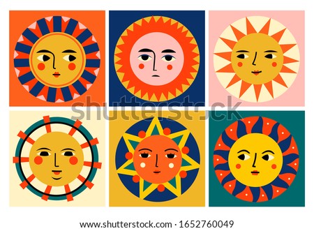 Colorful abstract Suns with faces. Set of six Pre-made cards. Various emotions. Trendy illustrations. Ethnic style. Hand drawn Vector set. All elements are isolated. Perfect for textile prints