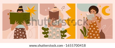 Set of three Girls that are reading Books while standing. Young women. Beautiful dresses with prints. Read more books concept. Hand drawn Vector isolated trendy illustrations with abstract backgrounds