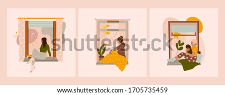 Various Young ladies looking through window while sitting on windowsill at home. Set of three Hand drawn colored Vector illustrations. Thinking, meditating, reading concept. Stay at home