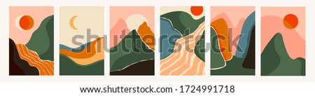 Mountain, river view. Hills, clouds, sun, moon. Paper cut style. Flat abstract design. Scandinavian style illustration. Set of six hand drawn trendy Vector illustrations. Cool Backgrounds