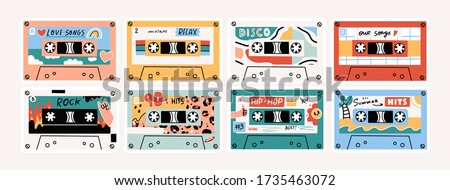 Set of eight Retro Vintage tape Cassettes. Various audio tapes. Different Mixtapes. Love songs, Relax, Rock, Nineties hits etc. Hand drawn colored Vector illustration. Every cassette is isolated