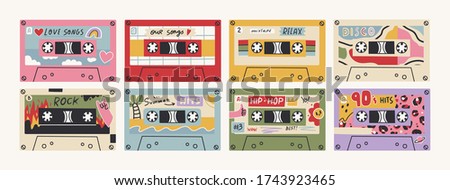 Set of eight Retro Vintage tape Cassettes. Various audio tapes. Different Mixtapes. Love songs, Relax, Rock, Nineties hits etc. Hand drawn colored Vector illustrations. Every cassette is isolated