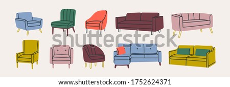 Set of Various modern colorful comfortable Armchairs and Couches. Soft furniture for rest and relaxation. Room decoration, interior design. Hand drawn Vector illustrations. All elements are isolated