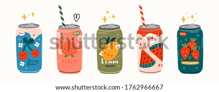 Various tasty Sodas. Hand drawn Vector set of soft Drinks in aluminum Cans. Carbonated water with different fruit flavors. Kawaii Japanese style. Trendy illustration. All elements are isolated Imagine de stoc © 
