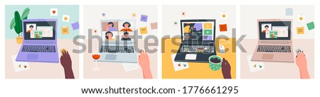 Set of three cards. Workplace, working desk. Point of view on Laptop screen. Virtual chat, online video-sharing platform, maps, various apps. Web Entertainment concept. Hand drawn Vector illustrations