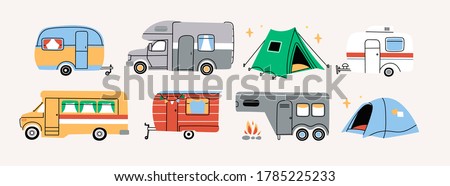 Colorful Campers RV. Various road home Trailers and tent. Camping caravan cars. Holiday trip concept. Mobile home for country and nature vacation. Vector set. Hand drawn illustrations