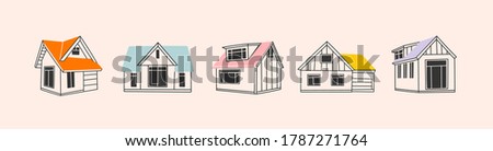 Various Outline Small and tiny houses. White walls, black windows. Colorful roofs. Different facades. Scandinavian style. Hand drawn Vector set. Every building is isolated
