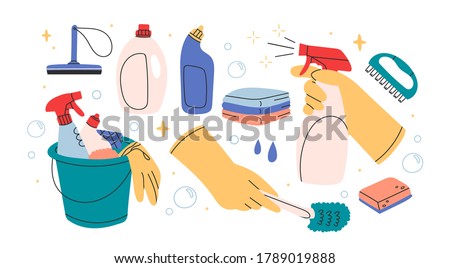 Bucket with cleaning supplies, bottles, spray, sponge, brush, gloves. Various Cleaning items. Housework concept. Hand drawn Vector illustration. All elements are isolated