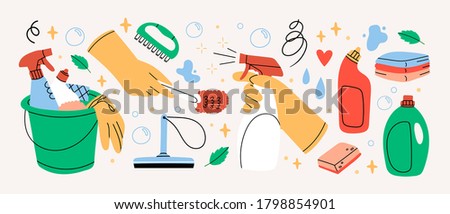 Bucket with cleaning supplies, bottles, spray, sponge, brush, gloves. Various Cleaning items. Housework concept. Hand drawn Vector illustrations. All elements are isolated