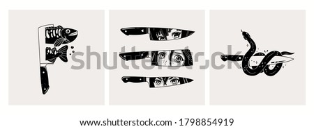 Set of three cards or icons. Blades with Manga anime Eyes, Snake, Fish. Abstract Hand drawn Vector trendy illustrations. Cool simple design. Minimalistic style. Tattoo or print idea. 