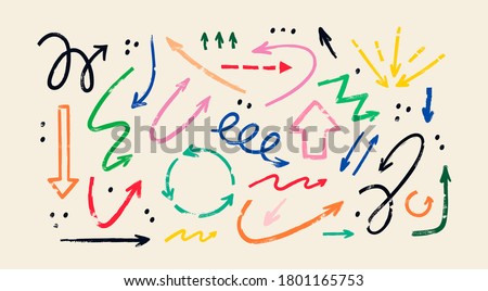 Various Doodle Arrows. Direction pointers. Different shapes. Straight, curly, twisted, dotted and round. Brush stroke style. Grunge texture. Hand drawn colored Vector set. All elements are isolated