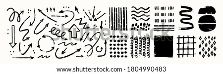 Various sketchy Doodle Arrows, Direction pointers Shapes and Objects. Freehand black Lines, curves, dots, spiral. Brush stroke style. Grunge texture. Hand drawn abstract Vector set
