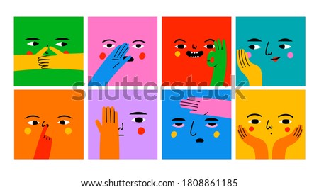 Square abstract comic Faces with various Emotions and hand gestures. Different colored characters. Cartoon style. Flat design. Hand drawn trendy Vector illustration. Every face is isolated