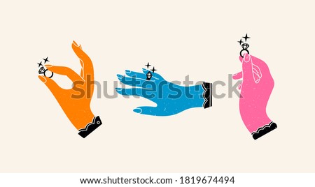 Set of three isolated Elegant Female hands holding and showing the Rings with a sparkling Diamonds. Wedding, jewelry, engagement concept. Hand drawn trendy colored Vector illustration