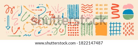 Various sketchy Doodle Arrows, Direction pointers Shapes and Objects. Freehand colorful Lines, curves, dots, spiral. Brush stroke style. Grunge texture. Hand drawn abstract Vector set