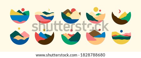 Mountains, river, sea view. Hills, sun, Moon. Round Icons. Flat Abstract design. Scandinavian style landscapes. Big Set of hand drawn trendy Vector illustrations. Wallpaper Templates for stories